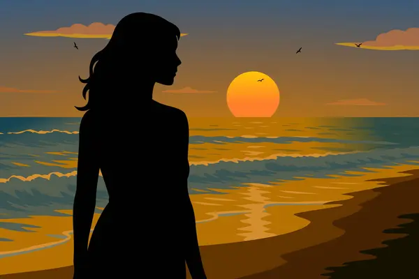 Bir kadın kumsalda gün batımını izliyor.