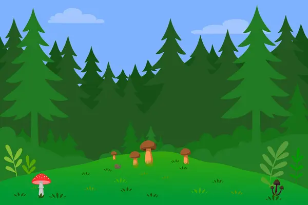 Ağaçlı orman sahnesi, çimenler, mantarlar ve mavi gökyüzü.