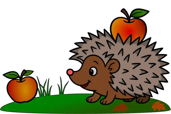 Sırtında elma olan bir kirpi.