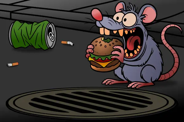 Bir fare sokakta bulunan bir hamburgeri yer..