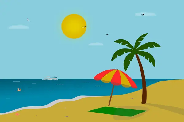 Şemsiyeli ve palmiyeli güneşli sahil sahnesi