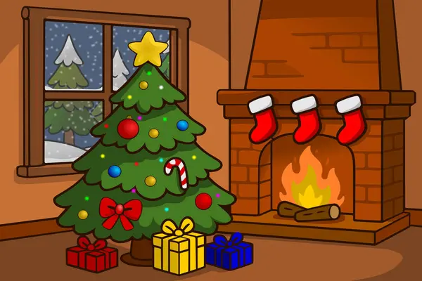 Noel ağacı ve yanan şöminesi olan cennet gibi bir Noel sahnesi.