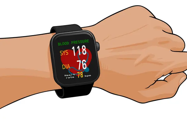 Bileğinde kan basıncını gösteren akıllı bir bant.