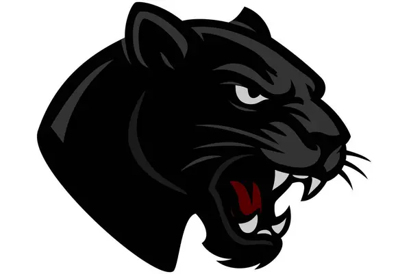 Kara panterin stilize edilmiş kafası ağzı açık ve sivri dişleri açıkta..
