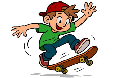 Kaykaydaki neşeli, gülümseyen çocuk, vektör grafikleri..