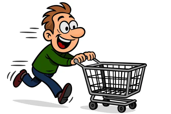 Alışveriş arabasıyla koşan adam, vektör grafikleri..