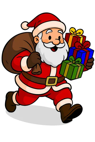 Noel Baba sırtında bir çuvalla koşar ve elinde hediyelerle