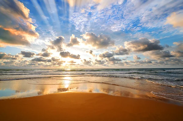 Nascer Sol Colorido Praia Oceano Com Céu Azul Profundo Raios Imagens De Bancos De Imagens