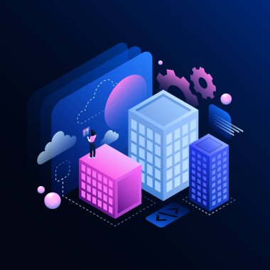 MetaWorld Geliştirme Çizimi. Metaverse 'deki üç renkli bina. Vektör illüstrasyonu