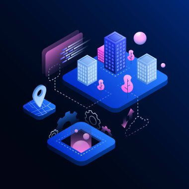 Yeni Dünyalar Çizimi 'ni geliştiriyoruz. Şehir Yapısı. Metaverse. Vektör illüstrasyonu