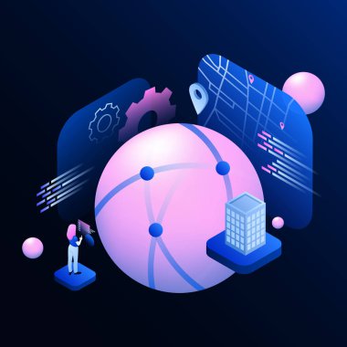 Metaverse Illustration için Dünya Haritası. Metaworld Dünya Çevresinde Dönüyor. Vektör illüstrasyonu