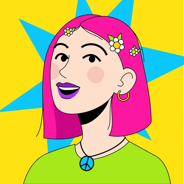 ピンクの髪とデイジーNftの概念を持つヒッピーの女の子 ベクターイラスト — ストックベクタ