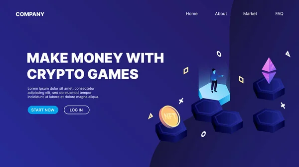 P2E Crypto Games Landing Page Konzept Verdienen Sie Geld Mit — Stockvektor