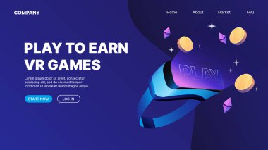 VR gözlükler, uçan paralar. P2E Kripto Oyunları İniş Sayfası Kavramı. Earn VR Games 'e oyna. Vektör illüstrasyonu