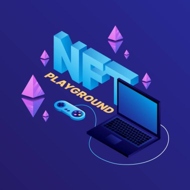 NFT oyun alanı dijital illüstrasyonu. P2E Kripto Oyunları Çizimi. Şifreli oyunlar oynayarak para kazan. Vektör illüstrasyonu