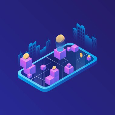 Blockchain oyunu dijital illüstrasyon. Meta evren konsepti. P2E Kripto Oyunları Çizimi. NFT oyunları oynayarak para kazan. Vektör illüstrasyonu