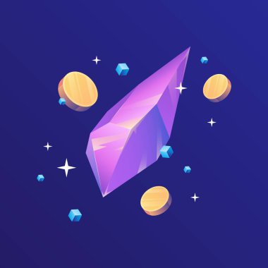 Uçan paralarla mor kristal. P2E Kripto Oyunları Çizimi. Şifreli oyunlar oynayarak ödül kazan. Vektör illüstrasyonu