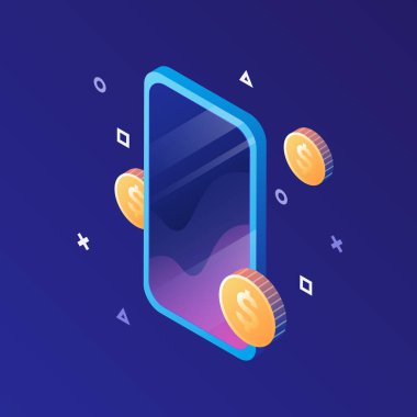 Uçan paralı akıllı telefon. P2E Kripto Oyunları Çizimi. Earn telefon oyunlarına oyna. Vektör illüstrasyonu