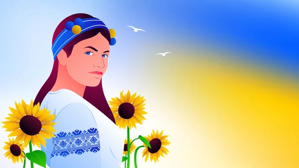 Ukrainian Girl Sunflowers Blue Yellow Background Vector Illustration — Vector de stock