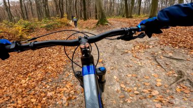 Sonbahar mevsiminde orman yollarında bisiklet sürmeye dayanır.