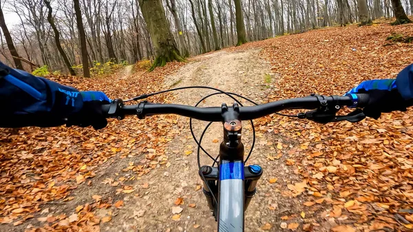 stock image Enduro bicycle ride on the forest trails in the autumn season