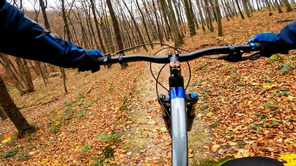 秋天的时候 恩杜罗骑自行车在森林小径上 — 图库照片