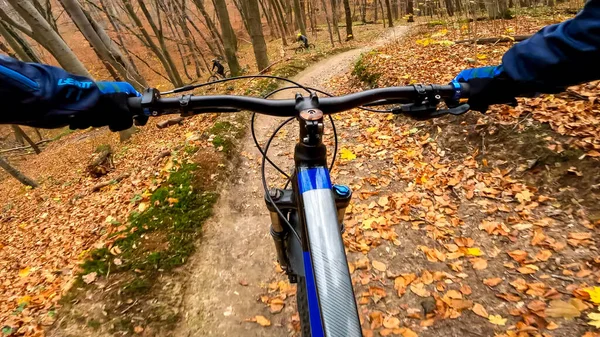 Przejażdżka Rowerem Enduro Leśnych Ścieżkach Jesienią — Zdjęcie stockowe