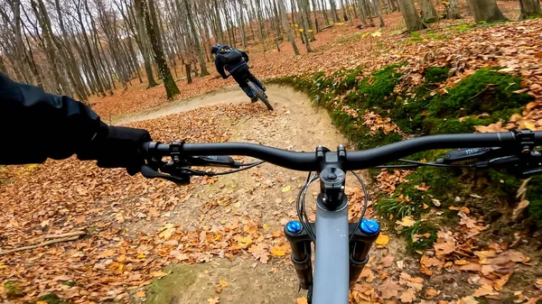秋の森のトレイルでエンデューロ自転車に乗る — ストック写真
