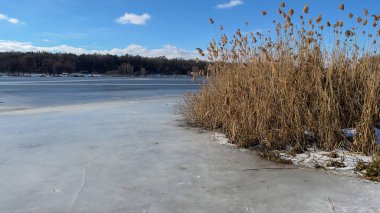 Scenery landscape background with lake and clouds on a sunny day