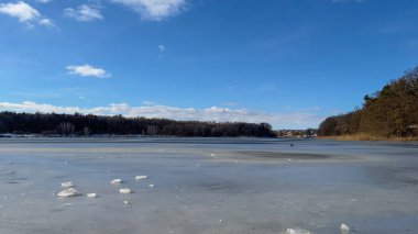 Scenery landscape background with lake and clouds on a sunny day