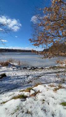 Scenery landscape background with lake and clouds on a sunny day