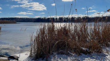 Scenery landscape background with lake and clouds on a sunny day