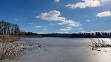 Scenery landscape background with lake and clouds on a sunny day