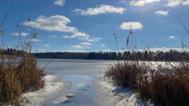 Scenery landscape background with lake and clouds on a sunny day