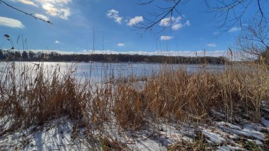 Scenery landscape background with lake and clouds on a sunny day