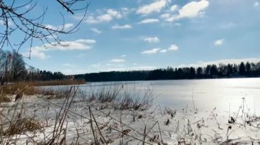 Scenery landscape background with lake and clouds on a sunny day