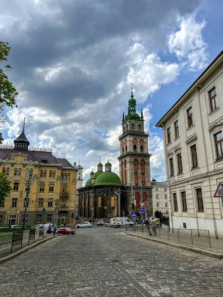Vieille Architecture Ville Lviv Dans Journée Ensoleillée Bâtiments Anciens Parfaits — Photo