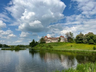 Ukrayna 'nın batısındaki eski şatonun mimarisi. Güneşli bir günde mükemmel bir mimari yapı.