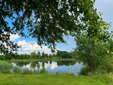 Kırsalda güzel küçük bir göl. Gökyüzünde bulutlarla güneşli bir gün. Rahatlamak için mükemmel bir yer.