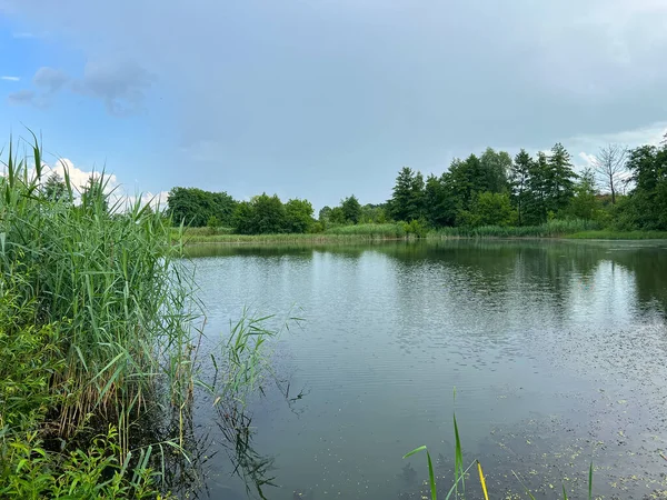 stock image A beautiful small lake in the countryside. Sunny day with clouds in the sky. Perfect place for relaxing