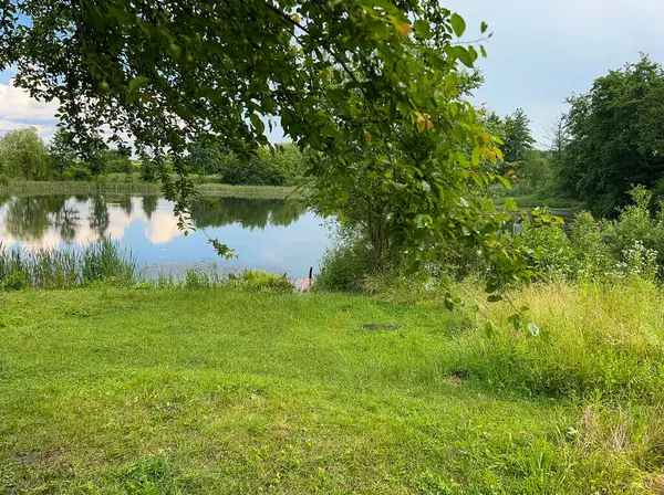 stock image A beautiful small lake in the countryside. Sunny day with clouds in the sky. Perfect place for relaxing