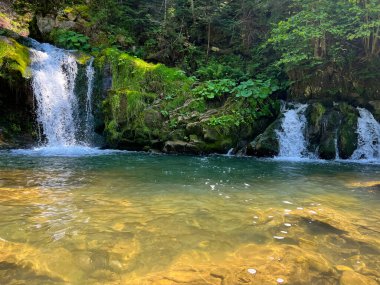 Karpat Dağları 'nda şelalesi olan mükemmel bir manzara. Ukrayna 'nın bir kısmı vahşi nehirde küçük bir şelale..