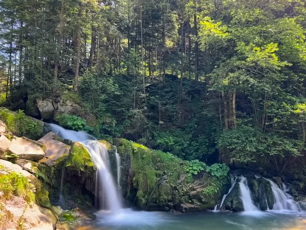 喀尔巴阡山脉瀑布尽收眼底在乌克兰西部 野生河流中的小瀑布 — 图库照片