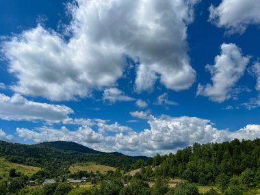 Muhteşem Karpat dağları yaz mevsiminde orman ve bulutlarla kaplı arka plan  
