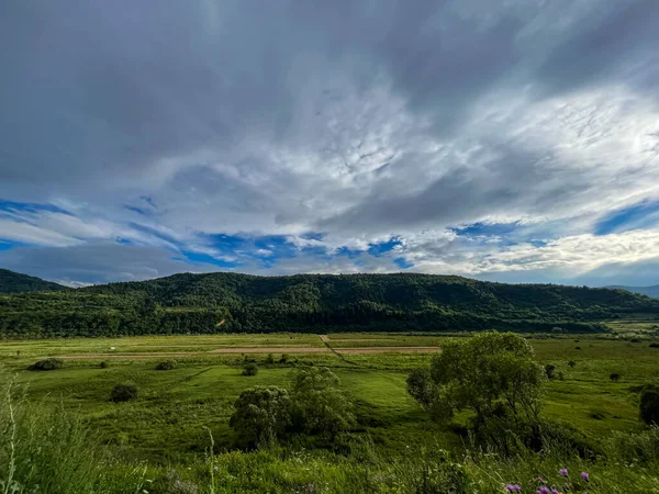Úžasné Karpatské Hory Krajina Pozadí Lesem Mraky Letní Sezóně — Stock fotografie