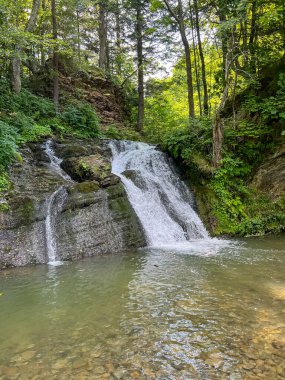Sahne görkemli bir şelaleyi ihtişamlı bir şekilde yakalar, sanki zamanda donmuşçasına. Kristal berrak su, kayalık bir uçurumdan düşer. Köpüklü beyaz püskürtüsü, etrafındaki arazinin toprak tonlarına zıt düşer..