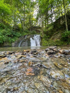 Sahne görkemli bir şelaleyi ihtişamlı bir şekilde yakalar, sanki zamanda donmuşçasına. Kristal berrak su, kayalık bir uçurumdan düşer. Köpüklü beyaz püskürtüsü, etrafındaki arazinin toprak tonlarına zıt düşer..
