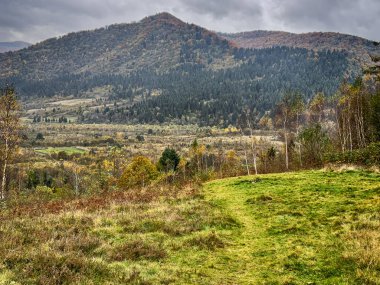 Bulutlu havada Karpat Dağları 'nın manzarası. Bahar mevsiminde hava mükemmel.