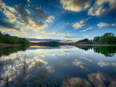 Huzurlu Balık Gölü: tenha bir balıkçı gölünün sakin sularında huzurlu bir manzara. Bereketli yeşilliklerle çevrili ve berrak mavi gökyüzü ile çerçevelenmiş bu resim mükemmel bir günün özünü yakalıyor. 