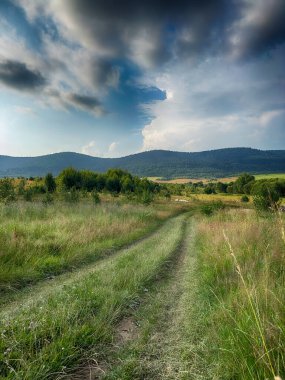 Bulutlu havada Karpat Dağları 'nın manzarası. Yaz mevsiminde hava çok güzel.